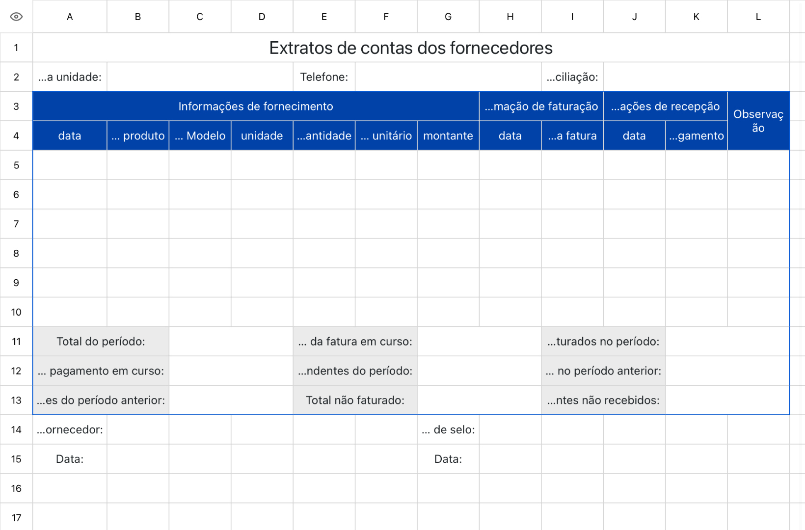 Extratos de contas dos fornecedores